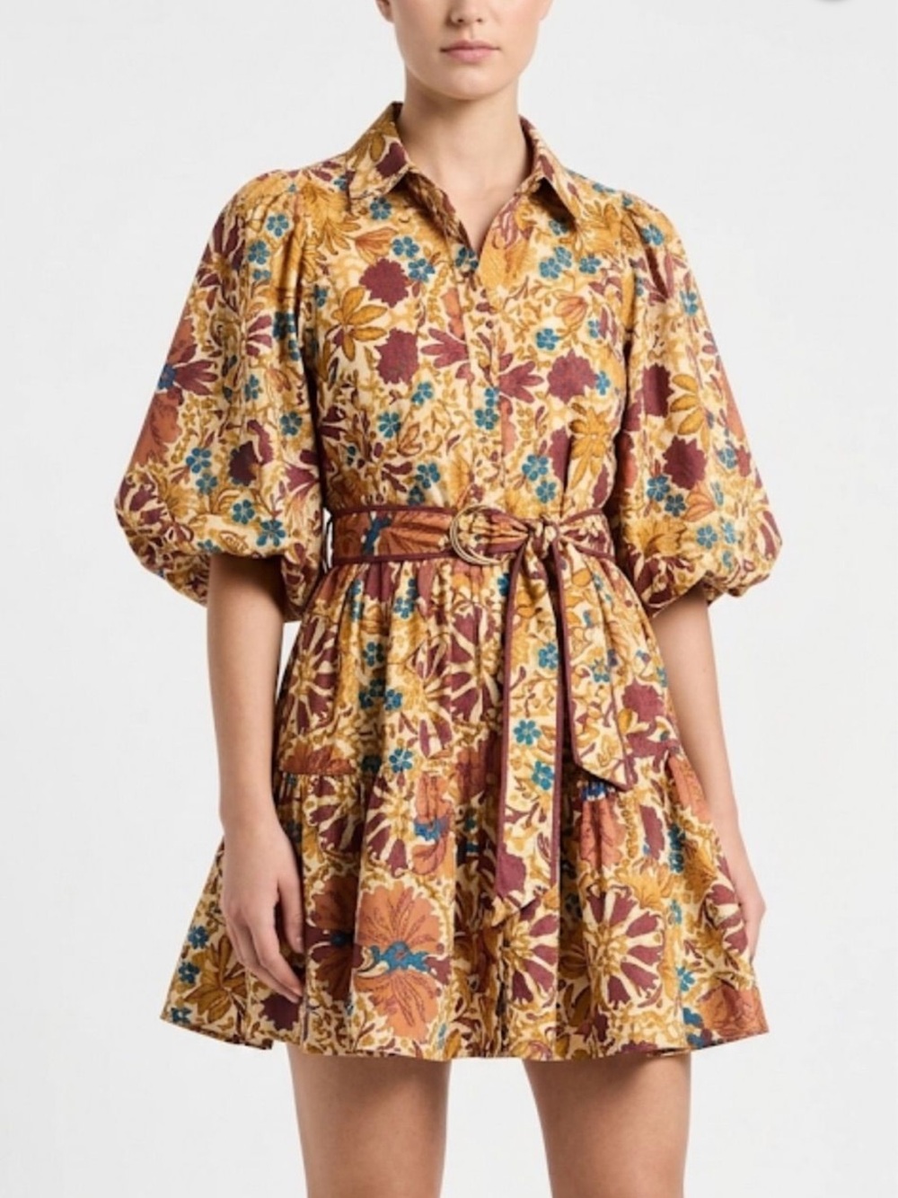 Talulah Floral Belted Puff-Sleeve Mini Dress in Mustard